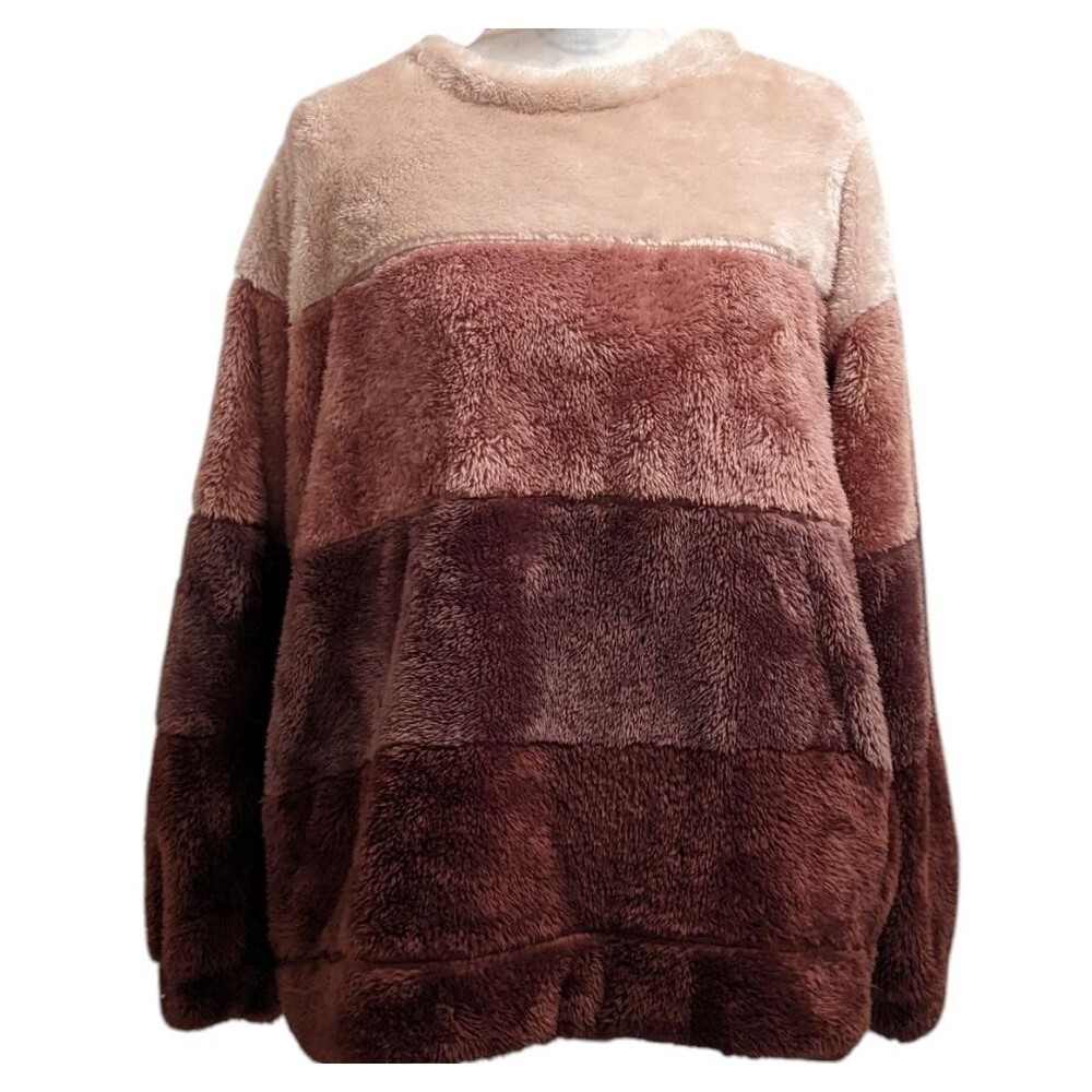 Brown Teddy Bear Sweater Colorblock Fuzzy  Large